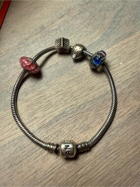 Pandora Silver Bracelet with Pink Floral and Blue Glass Charms